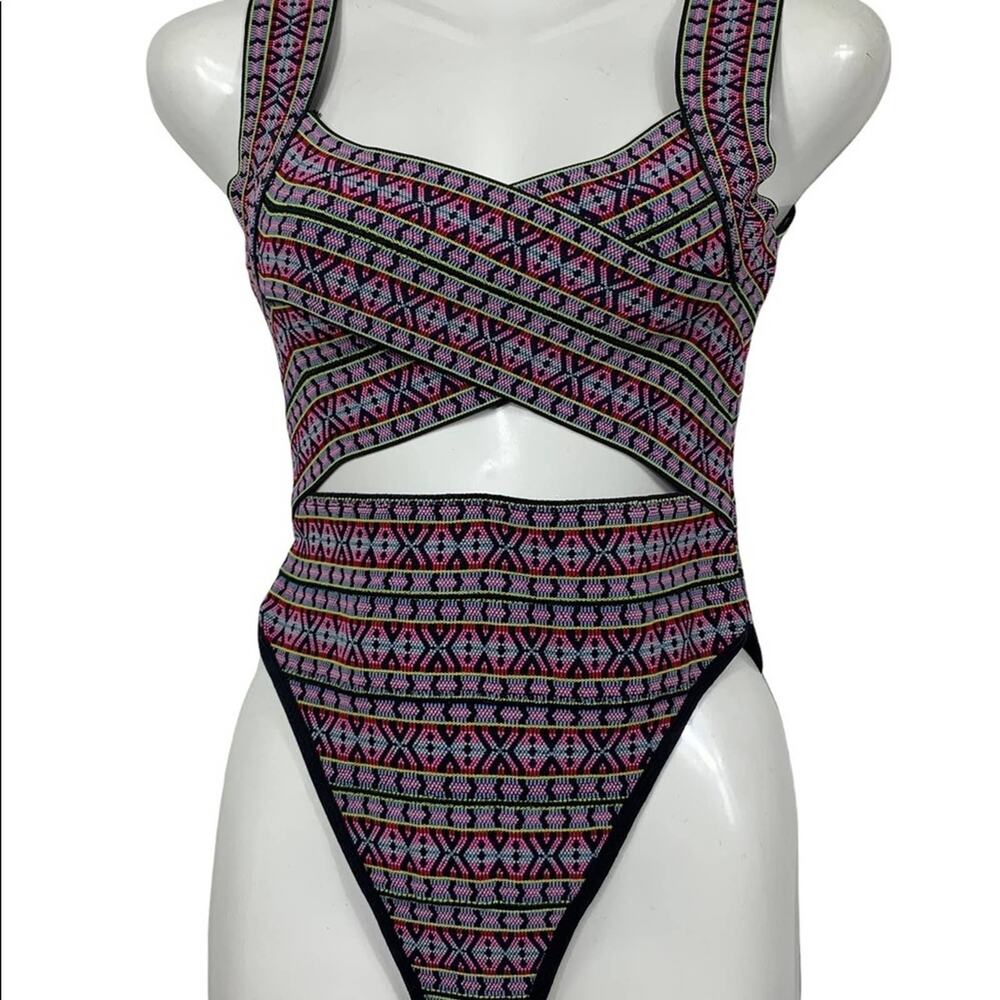ASOS Multicolor Tribal Criss Cross Cutout One Piece Swimsuit Size 4 - Picture 2 of 7